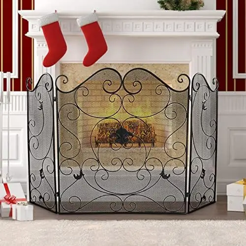 

Screen 3 Panel Folding Fireplace Screens 52.4 x 31 Inch Metal Furnace Fireguards Mesh Cover Baby Safe Proof Fence Spark Guard Co