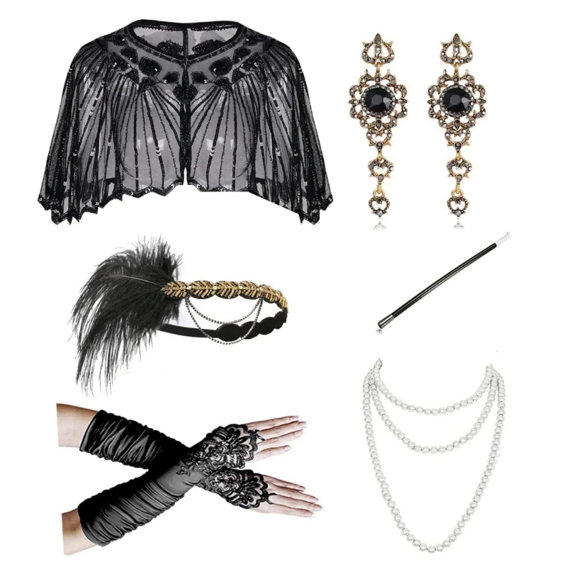 

Women Flapper Accessories Gatsby Party Costume Feather Headband Necklace Earring Gloves Shawl for Cocktail Party Prom Dropship