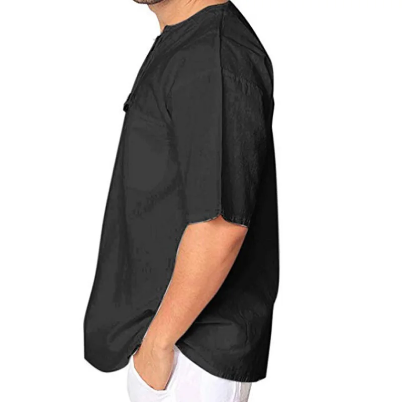 Men Cotton Linen Short Sleeve T-shirt Casual Loose V Neck Lace Up Tops Tee Shirt Men's Casual Blouse Streetwear