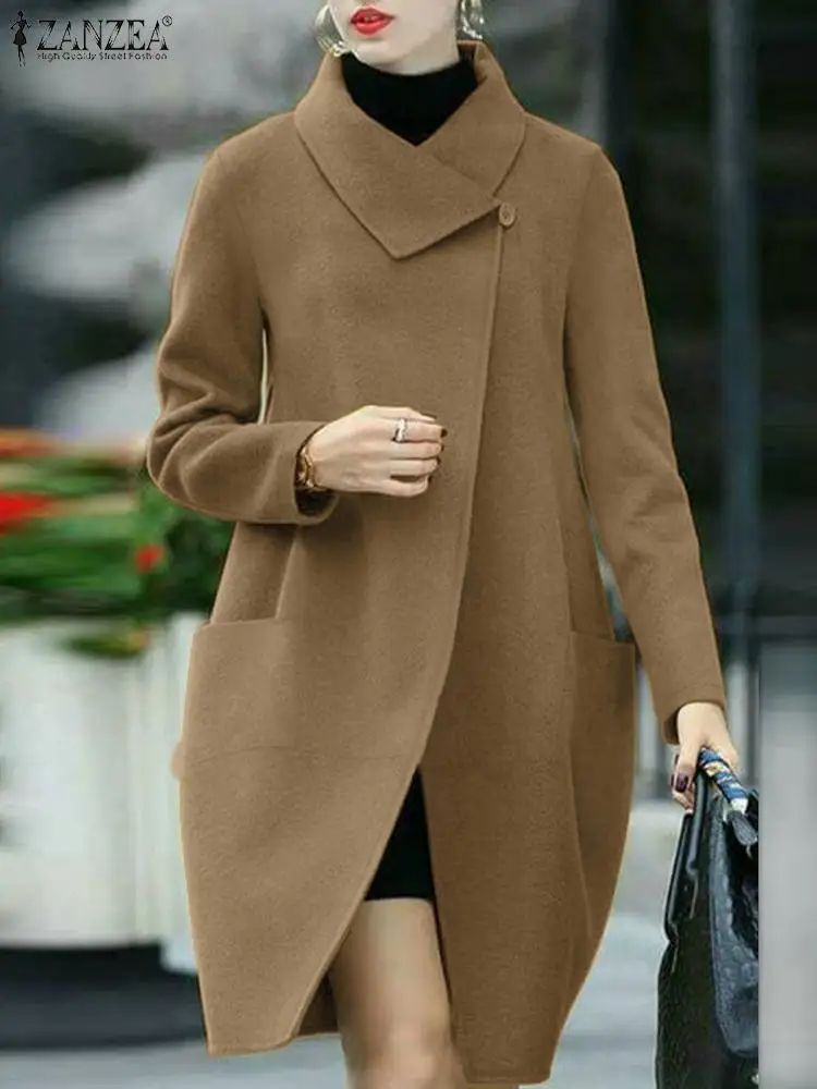 

Пальто ZANZEA Женское шерстяное с длинным рукавом, модная верхняя одежда, Свободное пальто с лацканами, винтажная однотонная парка с карманами, Осень-зима 2023