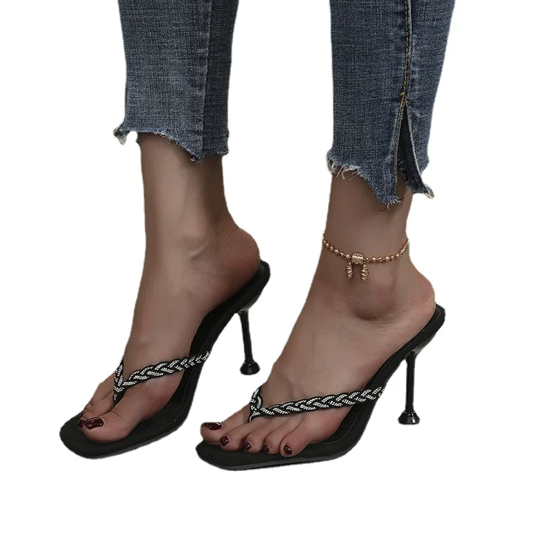 

Women's Shoes Slippers 2022 Sexy Black Square Head Rhinestone Accessoies High-heeled Sandals Party Shoes Woman Red Color Sandals