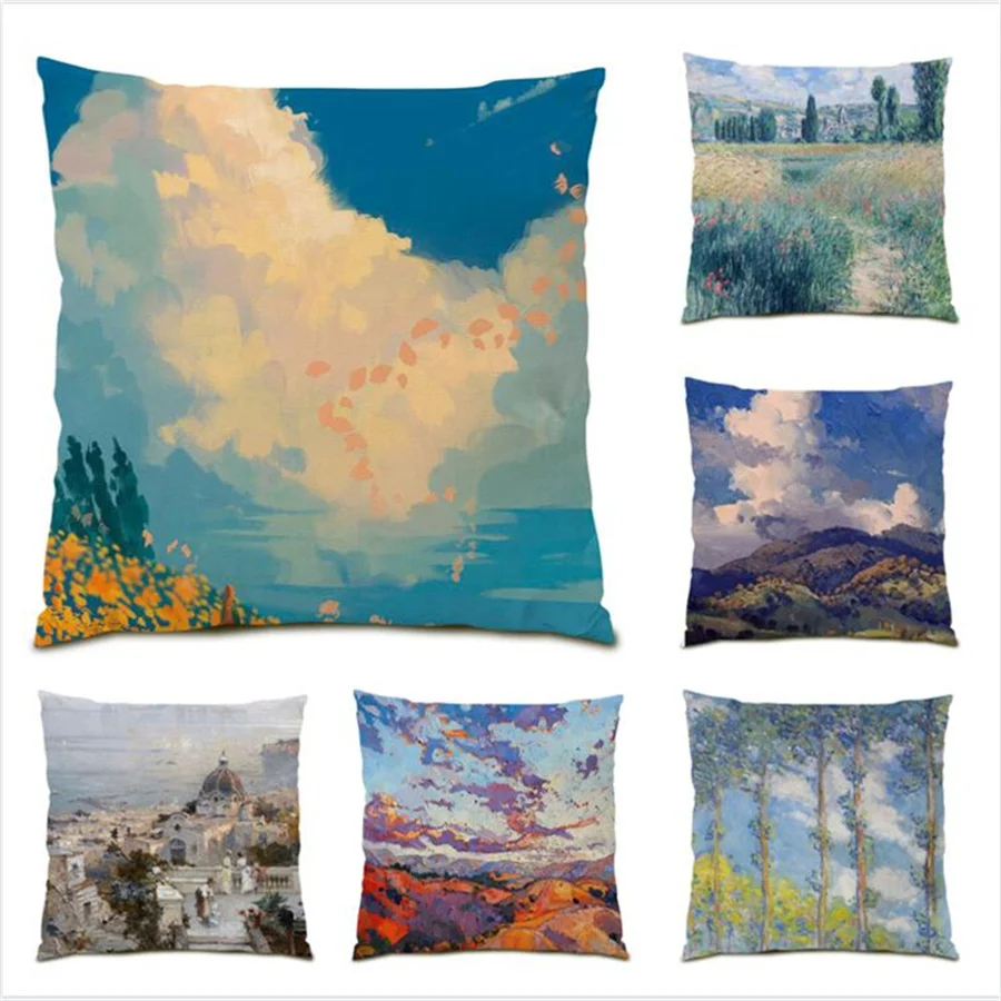 

Oil Painting Cushion Cover Decorative Cushion Velvet Home Colorful Polyester Linen Artistic Sofas Living Room Pillowcase E0055