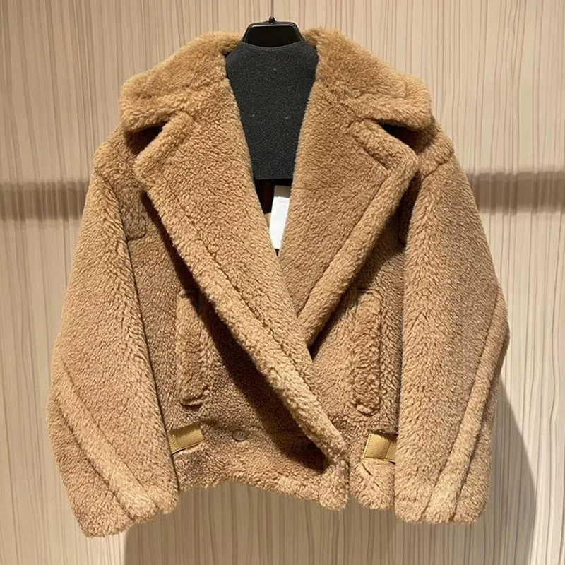 Women Jacket Teddy Bear Coat Winter Coat Female Casual Double Breasted Real Wool Fur Oversize Ladies Alpaca Mid-length Outwears