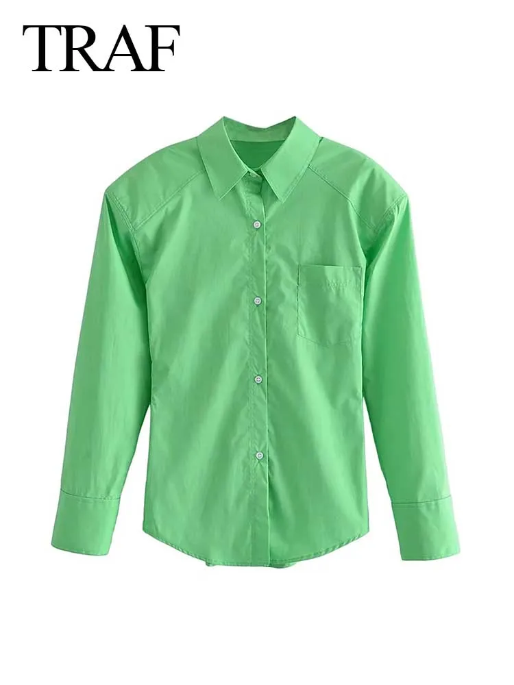 

TRAF Fashion Women's Pleated Retro Casual Solid Color Long Sleeve Single Breasted Lapel Light Loose Top Street Commuter Office