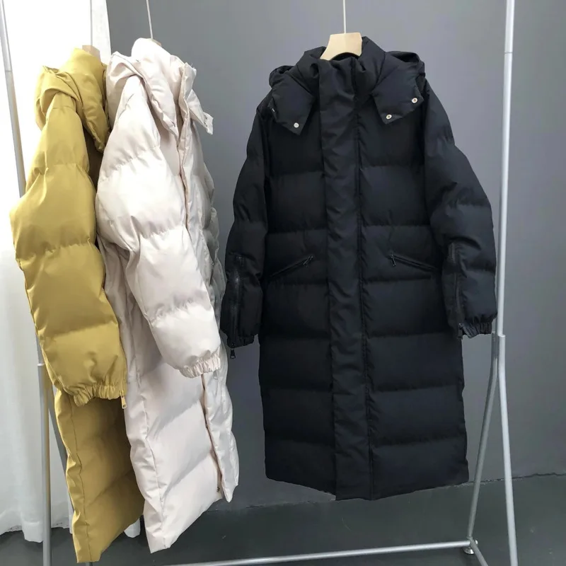 Korean Women's Oversize Over Knee Long Warm Coat Mid Length Winter Down Parkas 2022 New Vintage Winter Cotton Padded Jacket