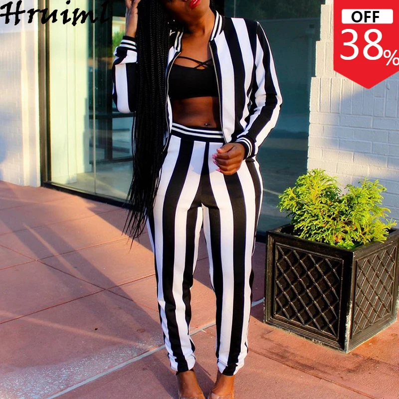 

Fashion Clothes for Women Long Sleeve Coat & Long Pants Striped Print Zipper 2 Piece Set Women Casual Streetwear Two Peice Set