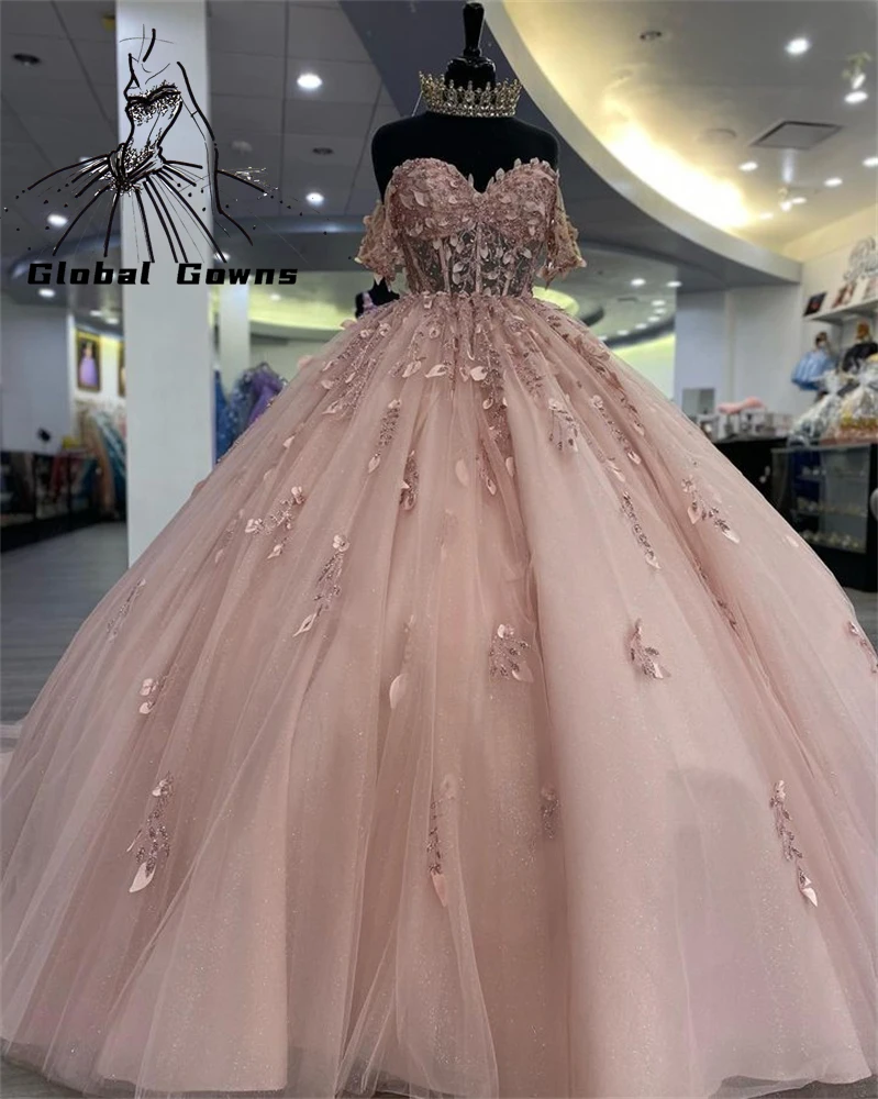 

Женское бальное платье с открытыми плечами, розовое платье с 3D цветами, украшенное бусинами, на шнуровке, для вечеринки на день рождения, выпускного вечера