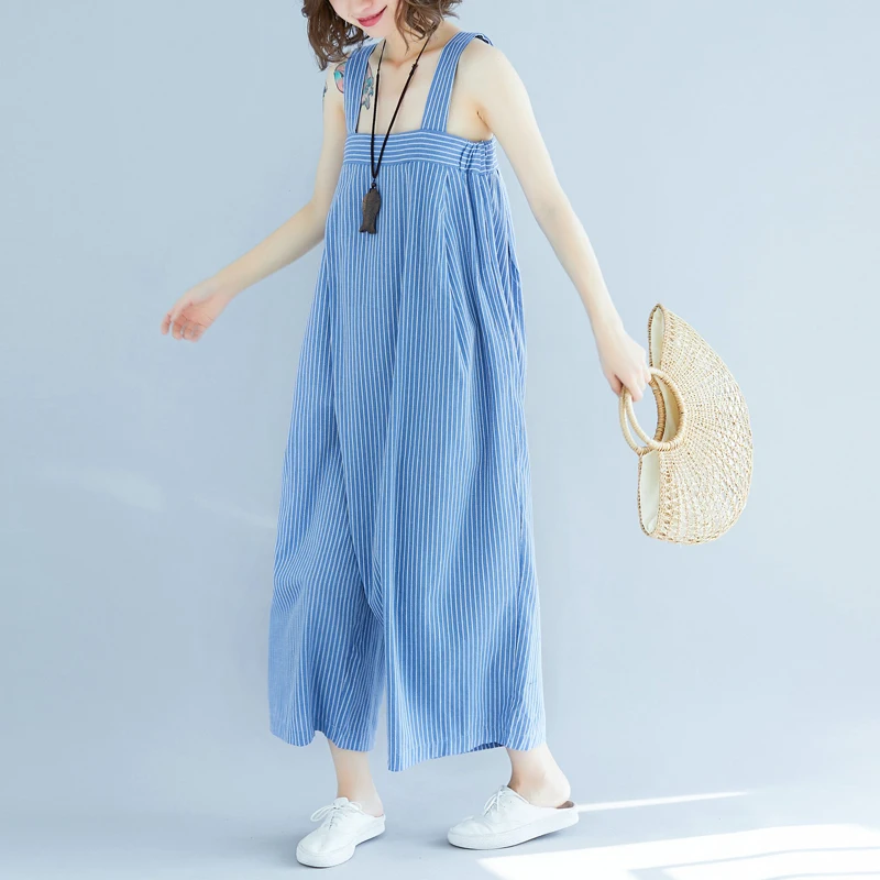 

Fashion Striped Romper Summer Casual Loose Oversize Baggy Side Sleeveless Jumpsuits Wide Leg Pants Overalls Free Size