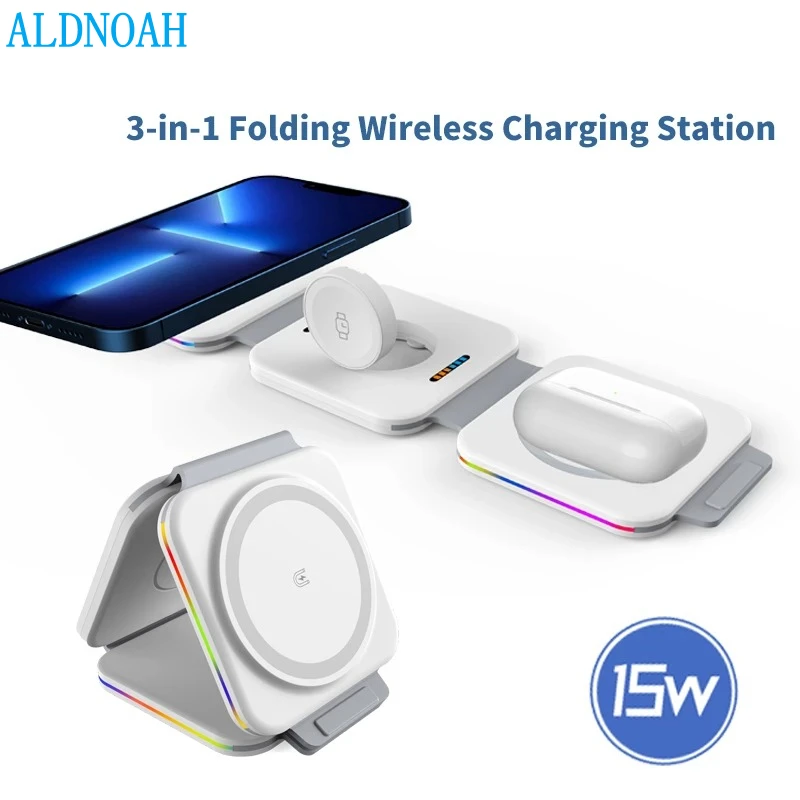 

15W Foldable Magnetic Wireless Chargers for iPhone 13 12Pro Max Portable Fast 3 in 1 Wireless Charger for Apple Watch 7/AirPods