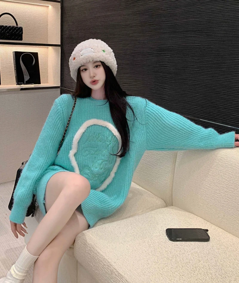 

WDMSNA Solid Color O-neck Sweaters Embroidered Long Sleeve Sweater for Women Spring New Sweet Gentle Loose Medium Long Pullover