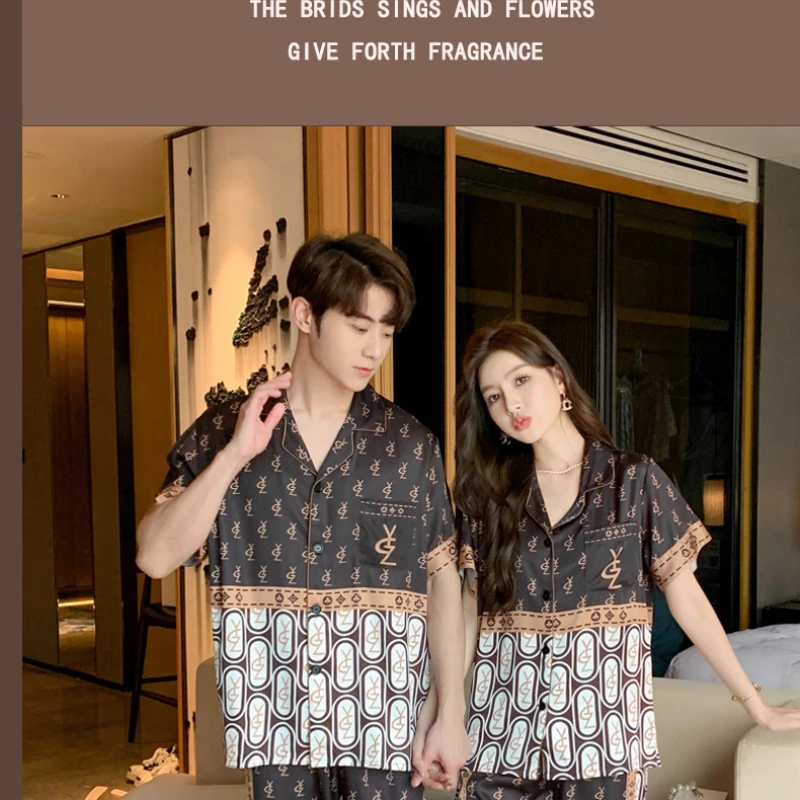 New Pajamas Couples Matching Summer Short-sleeved Printing Sleepwear Loose and Casual Home Suit Loungewear with Turn-over Collar
