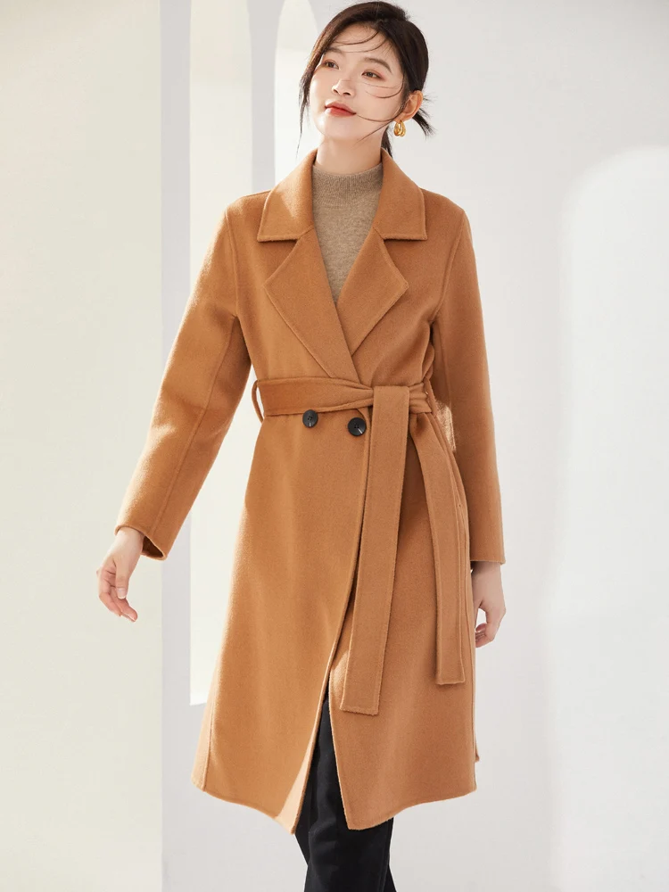 

Fashion Women's Woolen Cloth Jacket Autumn and Winter 100% Pure Wool Coat Solid Color Long Warm Coat Comfortable All-Matching