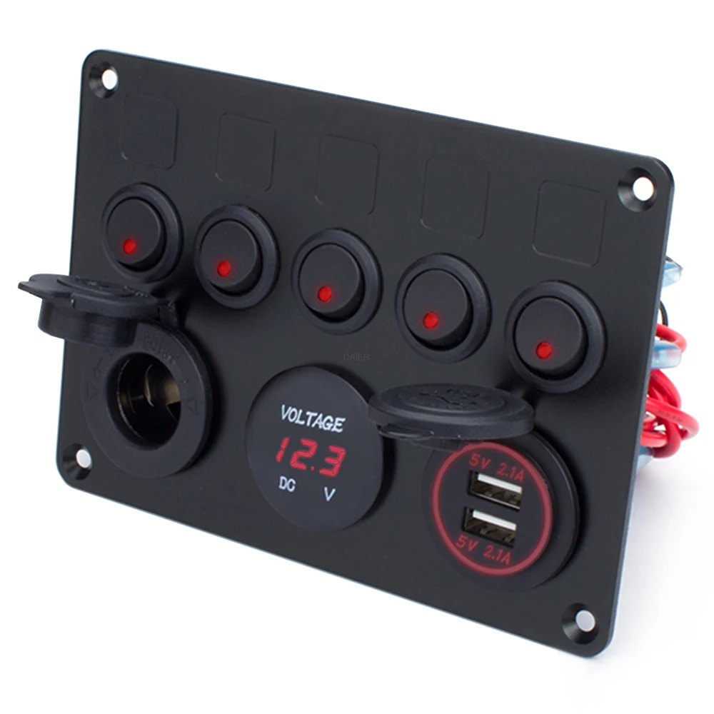 

4.2A Dual USB Charger Cigarette Socket Voltmeter 5 Gang Led Switch Panel 12V Carling Rocker Marine Switch Panel Waterproof
