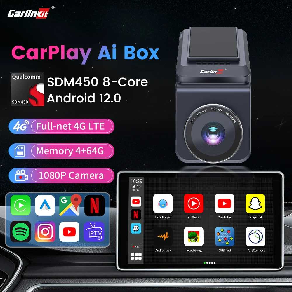 

CarlinKit Ai Box CarPlay Android 12 TV Box Netflix беспроводной CarPlay Android Автоматическая потоковая коробка для автомобиля 4 + 64 Гб 4GLTE видеорегистратор 1080P