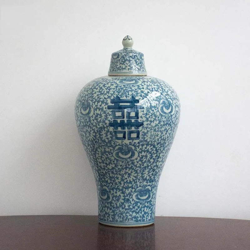

Retro Ginger Jar with Lid Blue and White Peony Twined Branches Vase Vintage Qing Happiness Antique Ornaments Porcelain 15 Inch