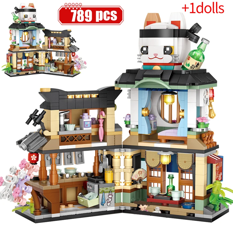 

789pcs City Mini Street View Japanese Fish Shop Architecture Building Blocks Friends Izakaya House Figures Bricks Toys For Kids