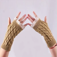 winter autumn womens fashion lace trim long fingerless knit crochet gloves wrist warm gloves wrist arm hand warmer 2022 new