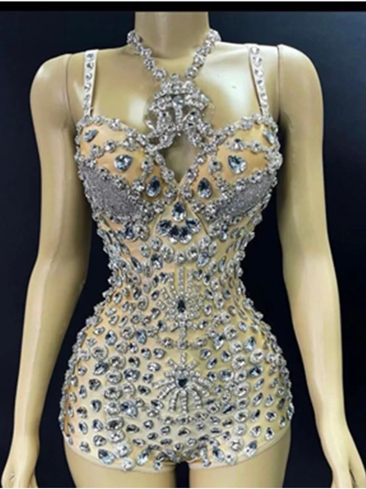 

Shining Silver Rhinestones Big Crystal Sexy Transparent Mesh Bodysuit Performance Costume Birthday Celebrate Playsuit Stage Wear