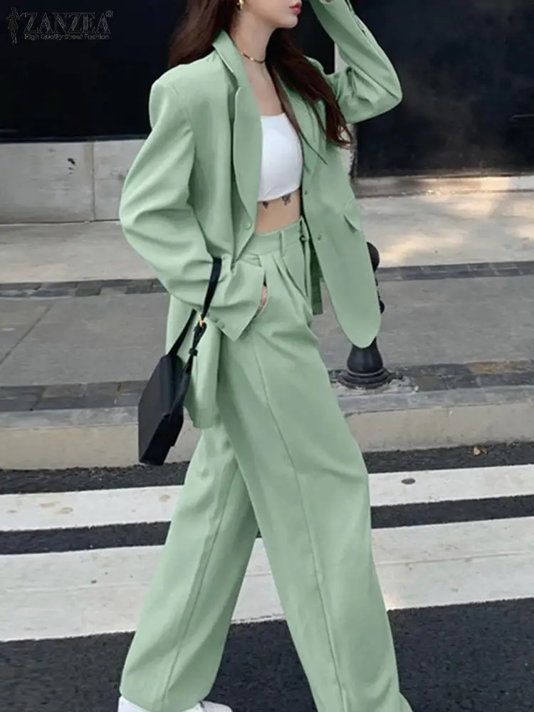 

ZANZEA/Модные женские элегантные костюмы с блейзером; Деловой костюм; Весенний костюм с отложным воротником и длинными рукавами; Рубашка и брюки; Комплекты из двух предметов