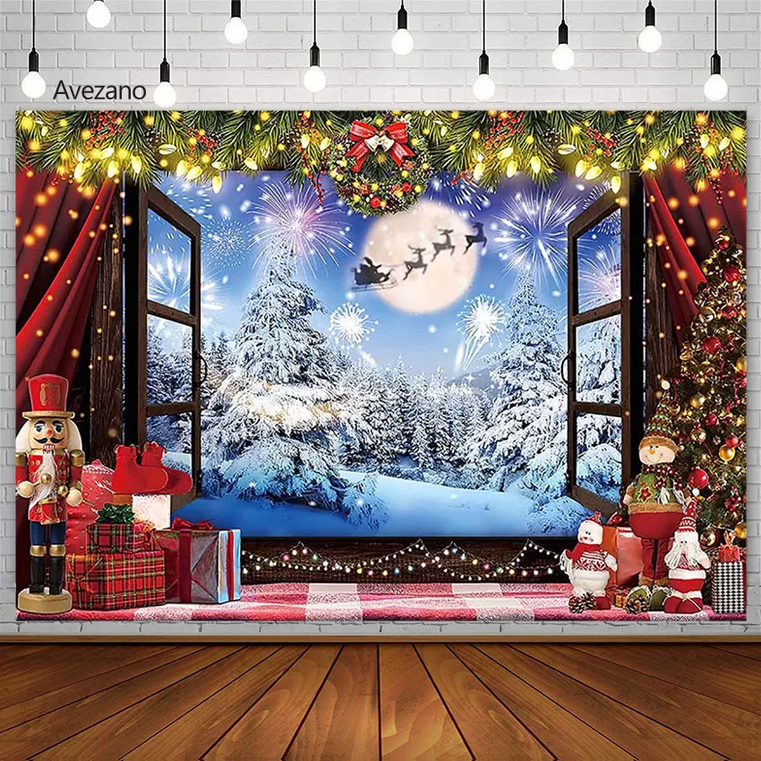 

Рождественский фон для фотосъемки с изображением Санта Клауса окна венка Луны подарка зимы семейного праздника вечеринки фон для фотостудии