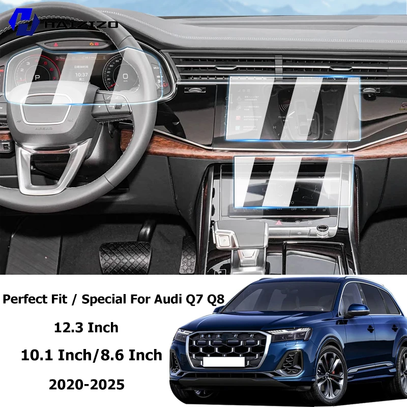 Фото Для Audi Q7 Q8 2020-2025: Защитная пленка из закаленного стекла с антибликовым покрытием и высокой четкостью для 12,3-дюймового приборного дисплея и 10,1-дюймового, 8,6-дюймового GPS-экранов №1