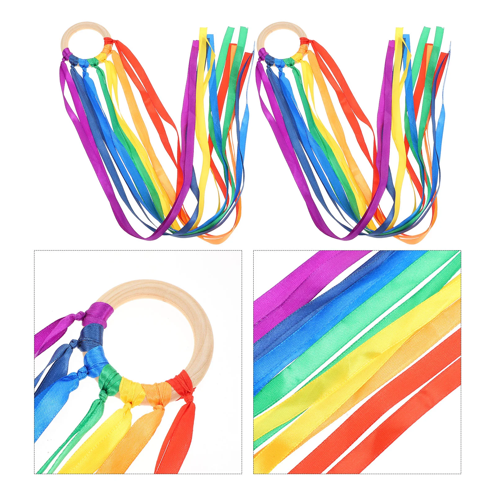 

2 Pcs Children's Rainbow Ribbon Dancing Childrens Toys Wooden Wind Wand Hand Kite Woody Toy