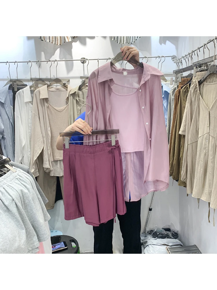 

2022 Summer Lady Casual Three Piece Solid Color Fashion Vest+Lace Up Wide Leg A-line Shorts+Turn-down Collar Long Sleeve Blouses