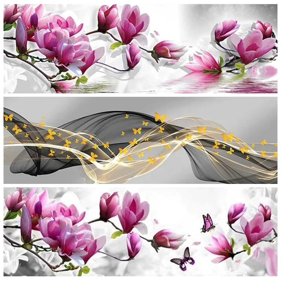 Большая Алмазная картина 5D с розовыми орхидеями бабочками и цветами современное