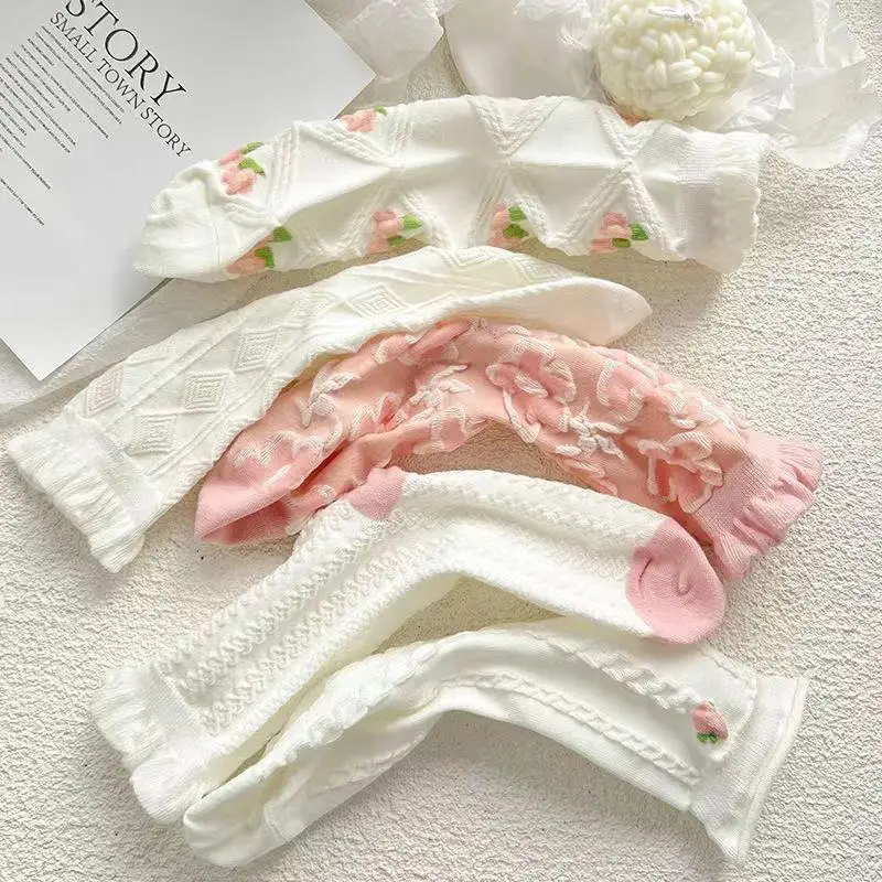 5 Pairs Lolita Japanese Woman Cute White Short Socks Set Girl Spring Summer Sweet Ruffle Lovely Cotton Socks For Women