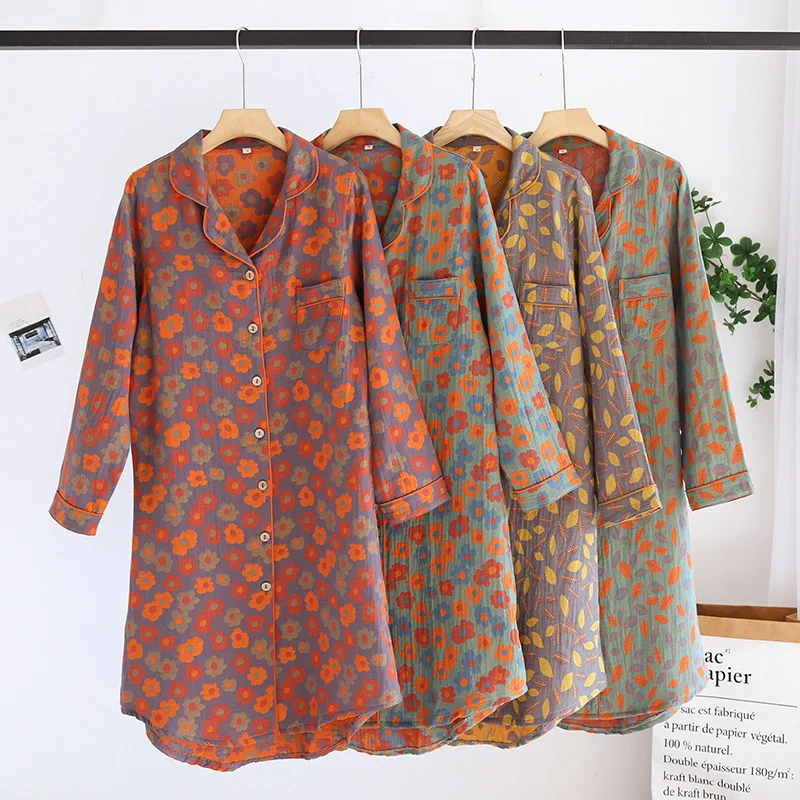 

Loose Cotton Women Home Nightdress Cardigan Shirt Night Dress Print Sleepwear Spring New Fashion Female Sleeping Night Gown