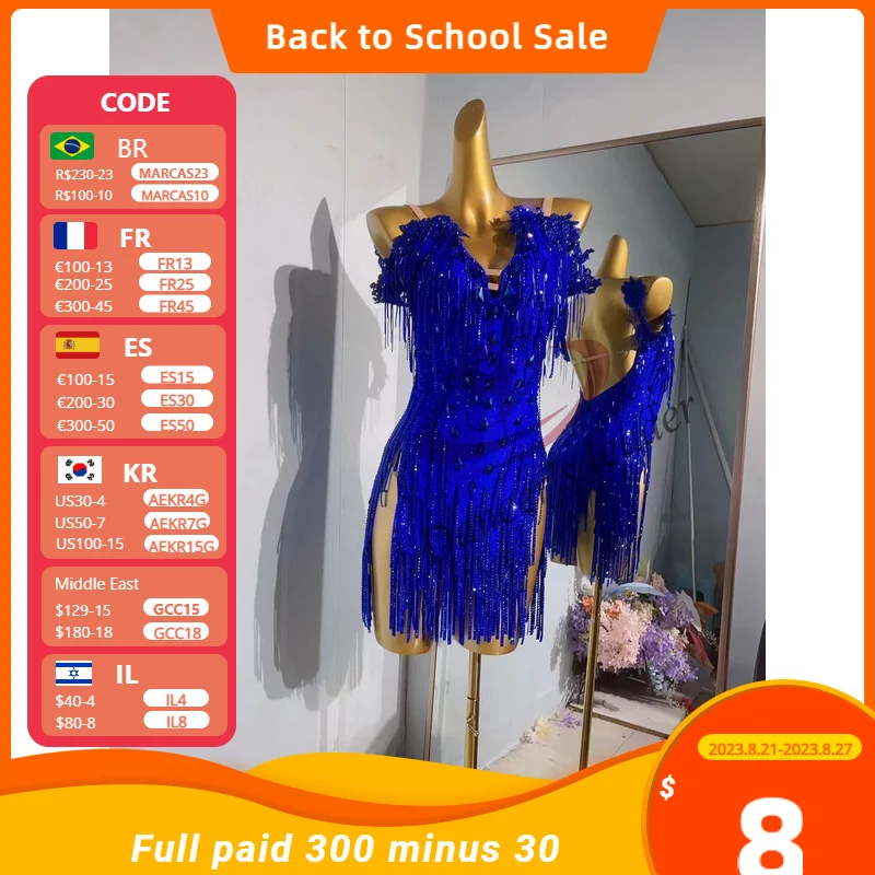 

Latin Dance Dress High-end Customized Blue Full Diamond Chain Dance Dress Cha Tango Female Adult Stage Professional Clothing