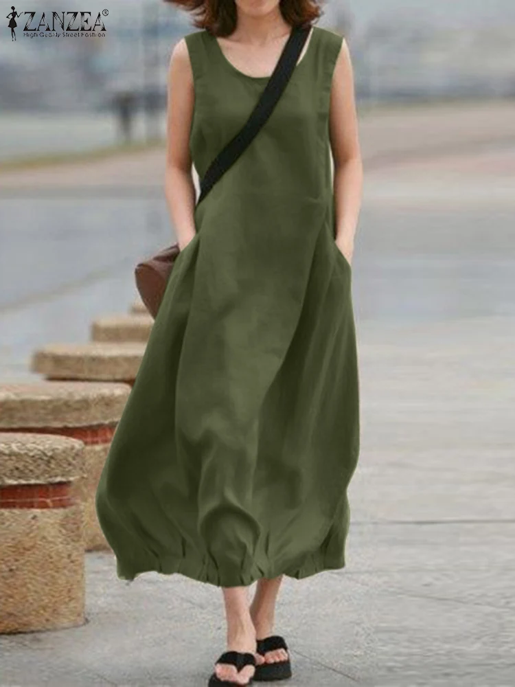 

ZANZEA Women Summer Elegant Dress Sleeveless O-Neck Cotton Dresses Bohemian Solid Color Casual Holiday Beach Loose Sundress 2022