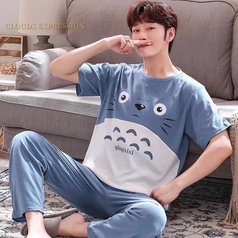 

Summer Knitted Cotton Cartoon Mens Pyjamas Pajamas Casual Sort Sleeve Lon Pants Sets Men's Sleep Loune Nit Pijamas 4XL ome