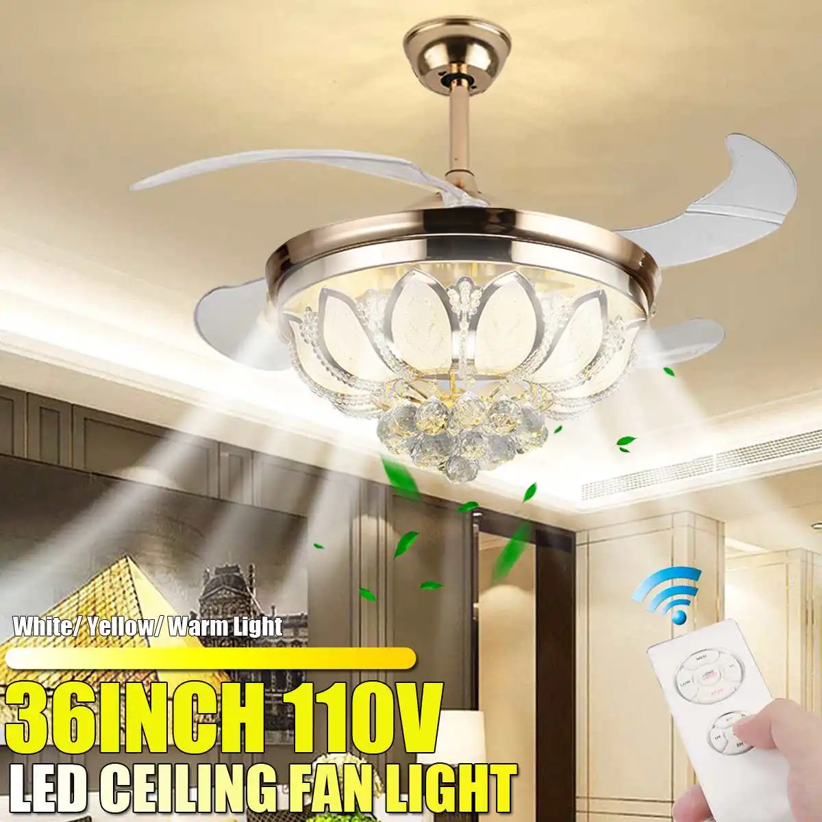 

Умный потолочный вентилятор, 41 см, 24 Вт, с лампой, Хрустальный Электрический вентилятор для спальни, декоративный вентилятор с умным управле...