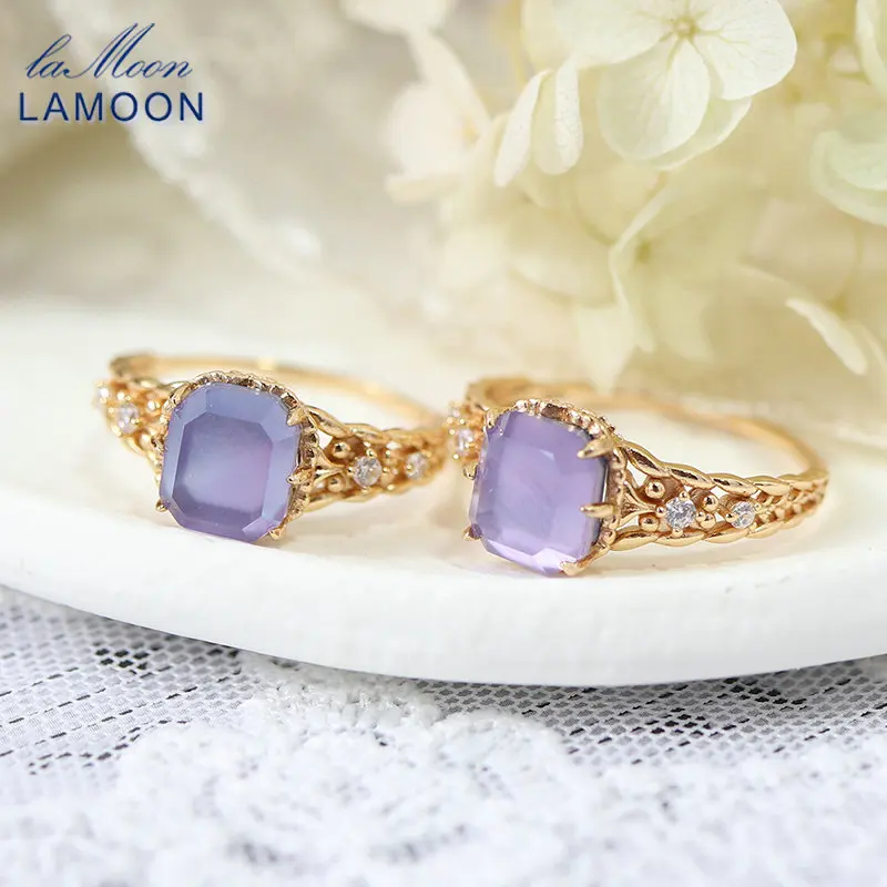 

LAMOON Vintage Bijou Amethyst Rings For Women 925 Sterling Silver Ring Natural Triply Stone Gold Plated Fine Jewelry Accessories