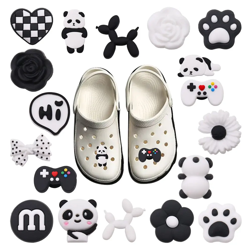 

Розничная продажа, 1-18 шт., подвески для обуви из ПВХ, панда, черный цветок, собака, белые бриллианты, пряжки для обуви для Croc Jibz, детский подарок на вечеринку
