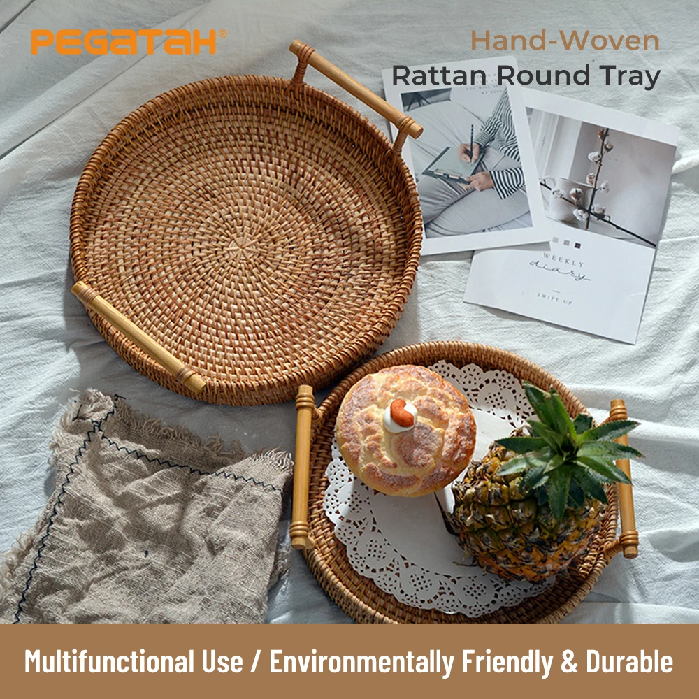 

Rattan Handwoven Round Tray Nordic style rattan woven storage of the snack Drink fruit baking Coffee furniture round trays tea