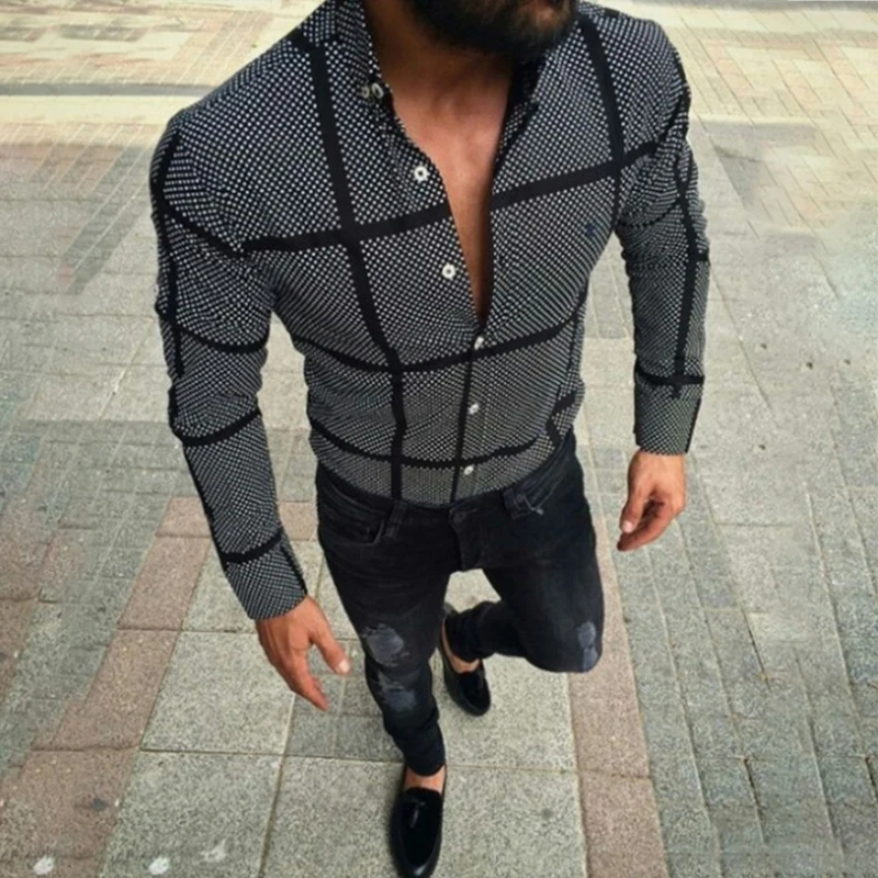 

Polka Dots Striped Print Mens Shirt Casual Slim Fit Buttoned Turndown Collar Long Sleeve Tops 2023 Spring Men Clothes Streetwear