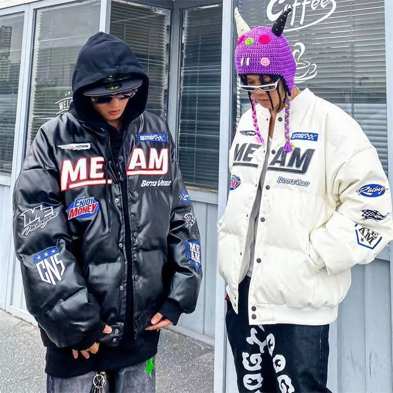 American Retro Embroidered PU Leather Thickened Baseball Jacket High Street Vibe Hip-hop Loose Clothes Winter Coat Men Streetwea