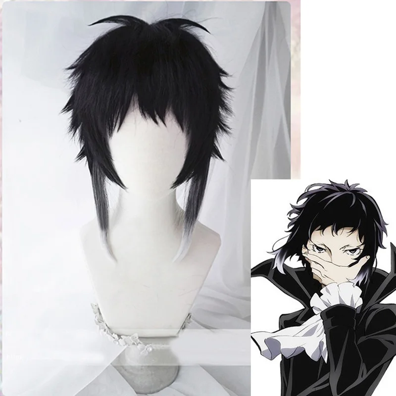 

Bungou Stray Dogs Cosplay Akutagawa Ryunosuke Wig Short Gradient Black Gray Temples Heat Resistant Hair Anime Wigs + Wig Cap