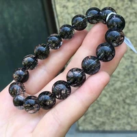 natural black rutilated quartz clear round beads bracelet 11 8mm genuine jewelry crystal women men rare brazil aaaaaa