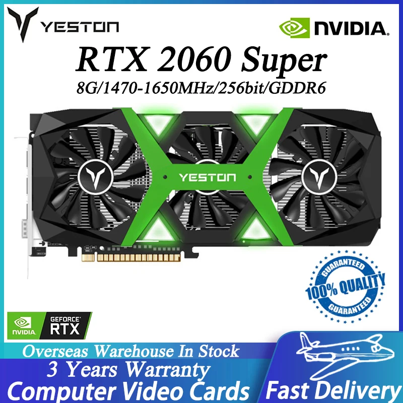 

YESTON RTX 2060 Super 8G Graphics Card 1470-1650MHz 256Bit GDDR6 3 Fans DVI-D+HD+DP Computer Gaming Video Cards RTX2060S GPU NEW