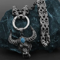 316l stainless steel viking bull head men ghost head necklace gothic hip hop charm animal sapphire pendant jewelry wholesale