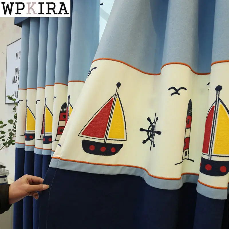 

Cartoon Stitching Sailboat Curtain for Boys Kids Bedroom Embroidery Blue Thick Drape Living Room Window Treatment S738#E