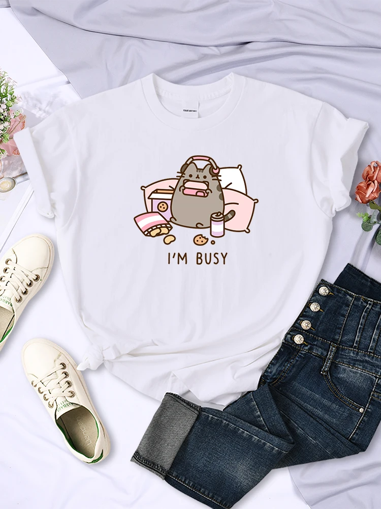 

Sorry I'm Busy Cat Playing Games With Headphones Woman Tops Creativity Cartoons Casual Tee Clothing Vintage Soft Womens T-Shirts