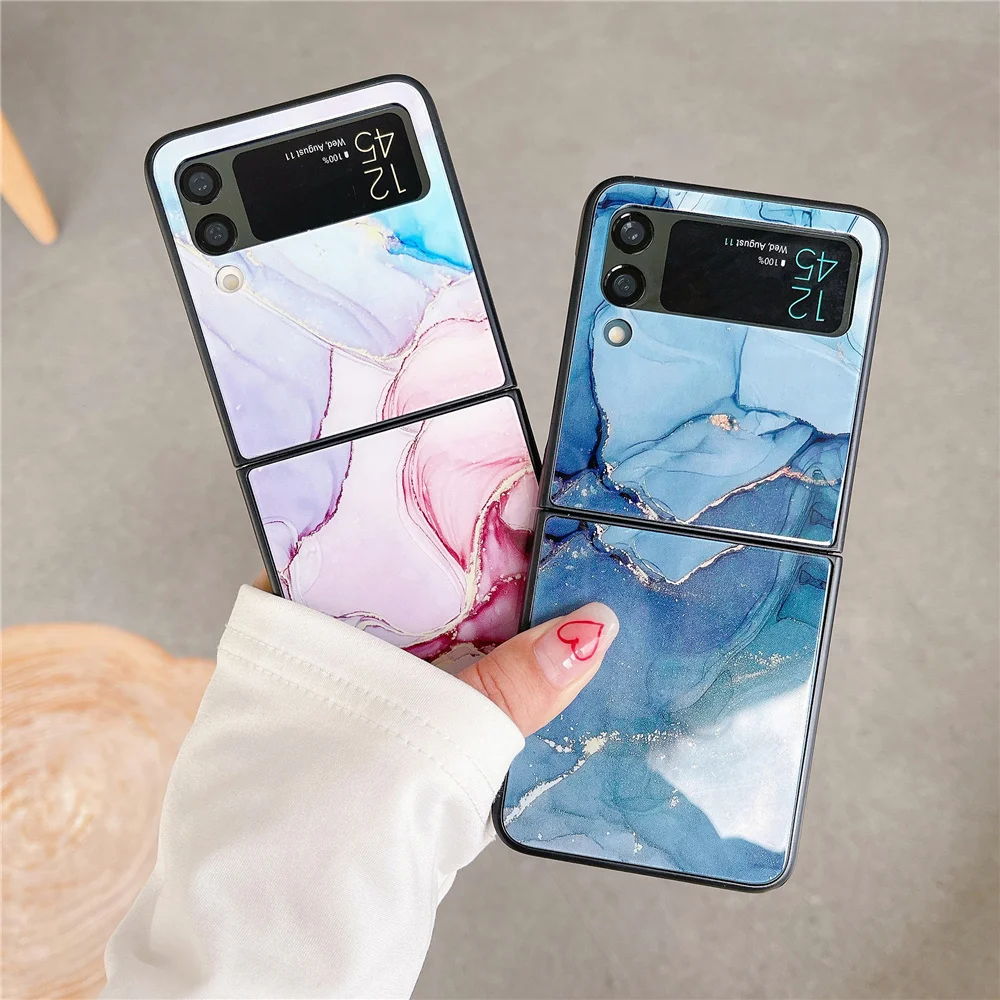 

Роскошный чехол для телефона с золотым мраморным рисунком для Samsung Galaxy Z Flip 3 5G высококачественное стекло противоударный чехол с полной защи...