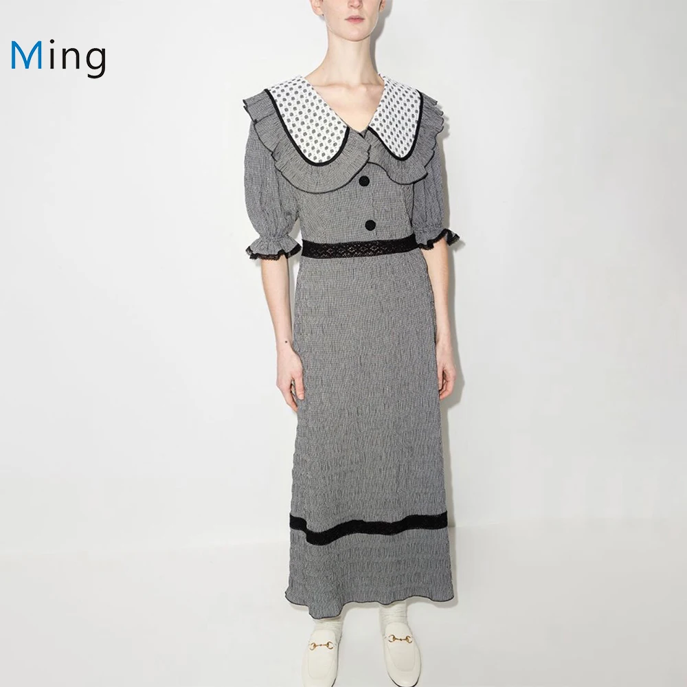 

Women Lace Doll Collar Puff Sleeves Elegant Long Plaid Dress