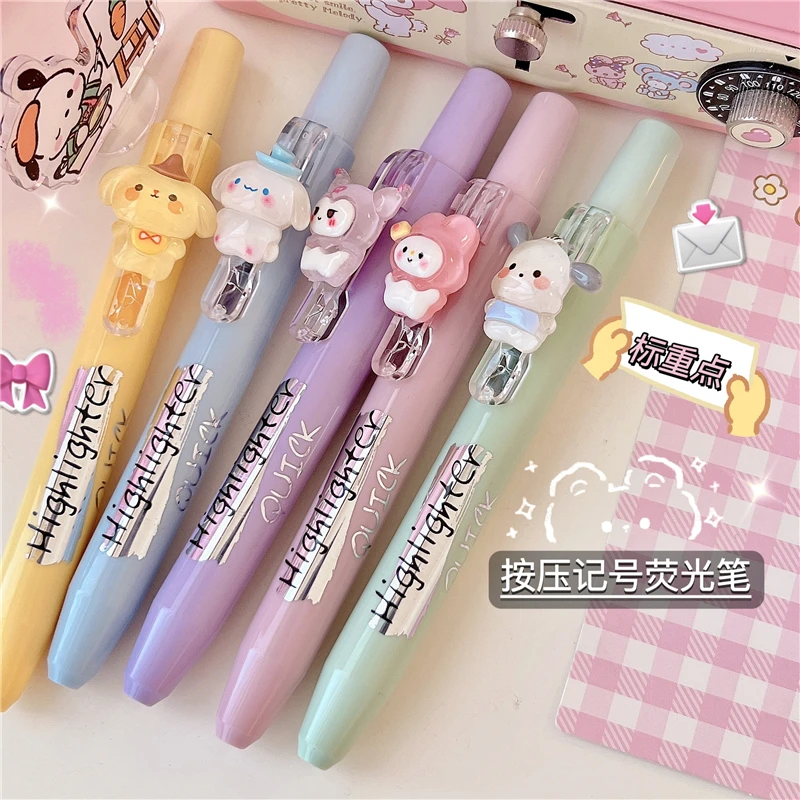 

Kawaii My Melody Kuromi Cinnamoroll Cartoon Doll Pressing Highlighter Anime Sanrioed Girl Heart Marker Pen Student Stationery