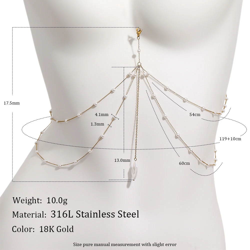 Многослойная цепочка для тела E.B.belle Baroque Pearl из нержавеющей стали 316L, гипоаллергенная, для талии и бикини, ювелирные аксессуары (art.: 3920dc4ec7e27) - 3920dc4ec7e27
