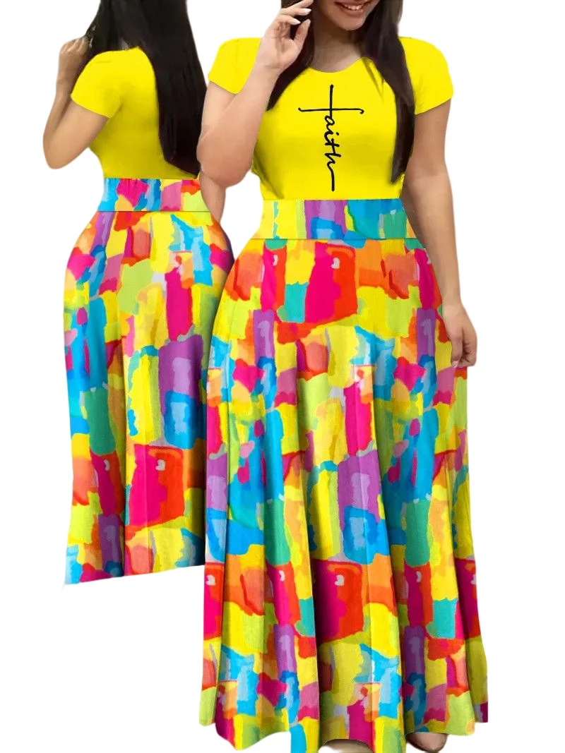 Plus Size Large Women's Dress Round Neck Summer New Style Commuting Digital Print Long Dress Short Sleeve Casual Female Clothes
